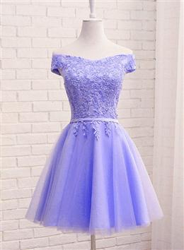 Picture of Purple Short Sleeves Lace Off Shoulder Party Dresses, Cute Purple Homecoming Dresses